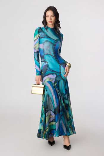 Buy_Saaksha & Kinni_Multi Color Chiffon, Lycra High Neck Maeva Print Maxi Dress _at_Aza_Fashions