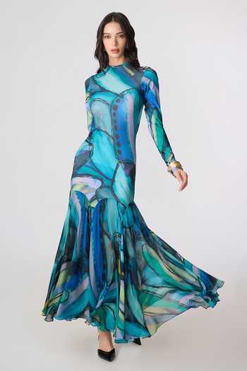Saaksha & Kinni_Multi Color Chiffon, Lycra High Neck Maeva Print Maxi Dress _Online_at_Aza_Fashions
