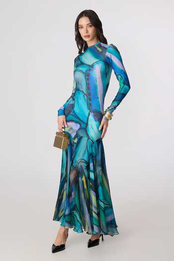 Saaksha & Kinni_Multi Color Chiffon, Lycra High Neck Maeva Print Maxi Dress _at_Aza_Fashions