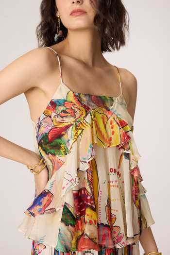 Saaksha & Kinni_Multi Color Organza, Chiffon Square Neck Genora Print Blouse _at_Aza_Fashions