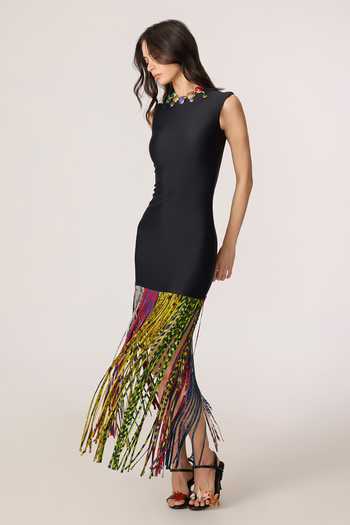 Saaksha & Kinni_Black Lycra, Chiffon Tassels, Fringe High Neck Zyra Hem Sleeveless Dress _Online_at_Aza_Fashions