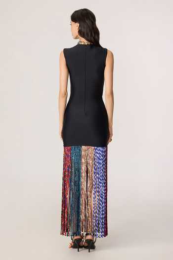 Shop_Saaksha & Kinni_Black Lycra, Chiffon Tassels, Fringe High Neck Zyra Hem Sleeveless Dress _at_Aza_Fashions