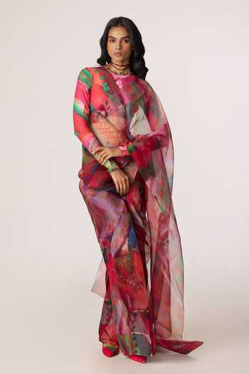 Buy_Saaksha & Kinni_Pink Silk Organza Agatha Printed Saree _at_Aza_Fashions