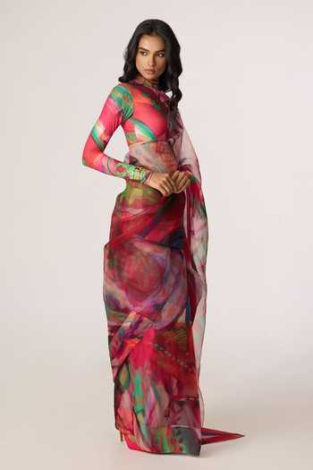 Saaksha & Kinni_Pink Silk Organza Agatha Printed Saree _Online_at_Aza_Fashions
