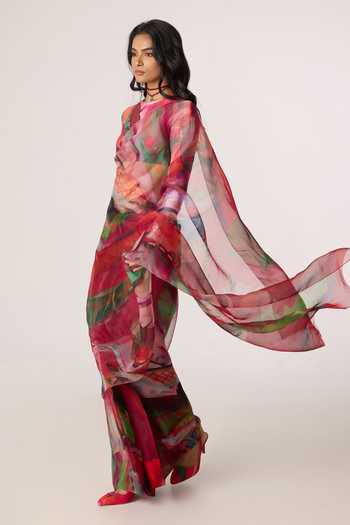 Shop_Saaksha & Kinni_Pink Silk Organza Agatha Printed Saree _Online_at_Aza_Fashions