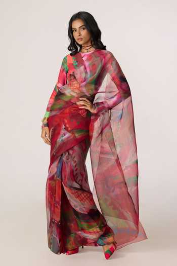 Saaksha & Kinni_Pink Silk Organza Agatha Printed Saree _at_Aza_Fashions