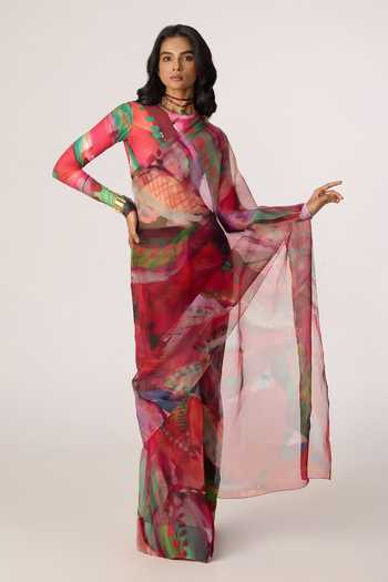 Buy_Saaksha & Kinni_Pink Silk Organza Agatha Printed Saree 