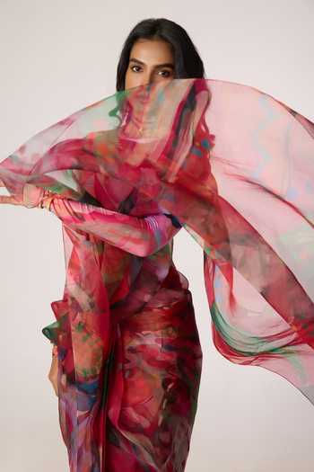 Saaksha & Kinni_Pink Silk Organza Agatha Printed Saree _Online