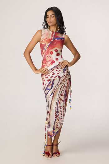 Buy_Saaksha & Kinni_Multi Color Chiffon, Jersey, Polyester Mirrors, Tassels High Winslet Print Dress _at_Aza_Fashions