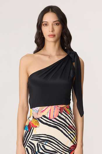 Saaksha & Kinni_Black Crepe One Shoulder Sylvia Printed Dress _Online_at_Aza_Fashions