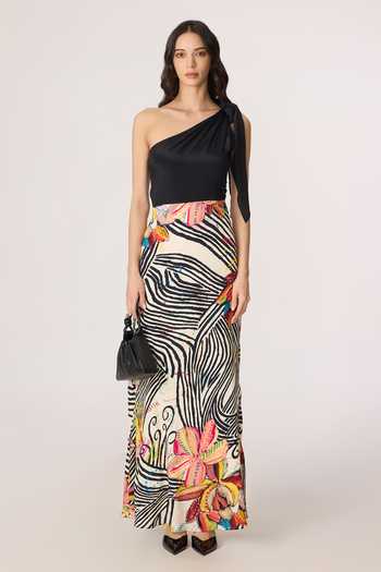 Shop_Saaksha & Kinni_Black Crepe One Shoulder Sylvia Printed Dress _Online_at_Aza_Fashions
