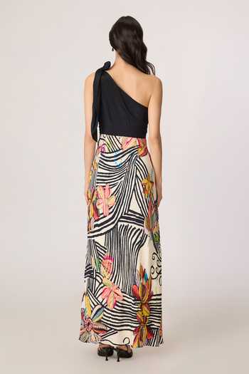 Shop_Saaksha & Kinni_Black Crepe One Shoulder Sylvia Printed Dress _at_Aza_Fashions
