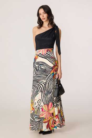 Saaksha & Kinni_Black Crepe One Shoulder Sylvia Printed Dress _at_Aza_Fashions
