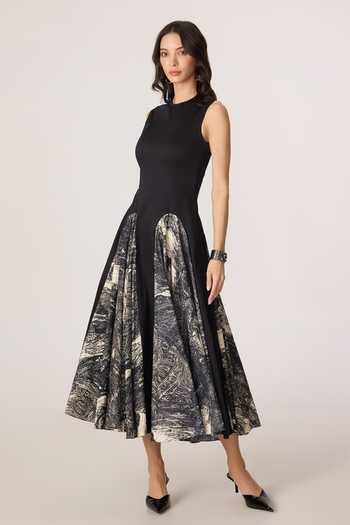 Buy_Saaksha & Kinni_Black Cotton Round Neck Seria Print Midi Dress _Online_at_Aza_Fashions