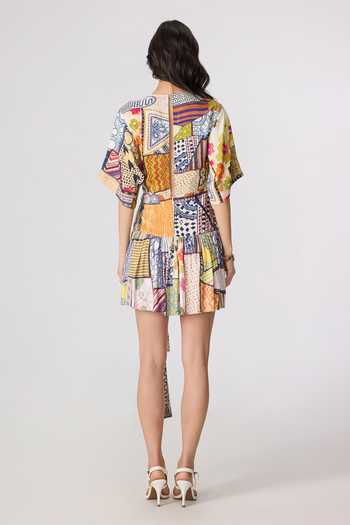 Shop_Saaksha & Kinni_Multi Color Satin, Jersey High Neck Lisseth Print Short Dress _at_Aza_Fashions
