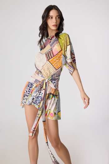 Buy_Saaksha & Kinni_Multi Color Satin, Jersey High Neck Lisseth Print Short Dress 