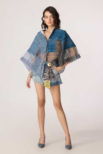 Saaksha & Kinni_Blue Denim, Silk Organza Collared Bellamy Print Shirt _Online_at_Aza_Fashions