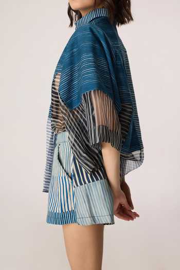 Buy_Saaksha & Kinni_Blue Denim, Silk Organza Collared Bellamy Print Shirt _Online_at_Aza_Fashions