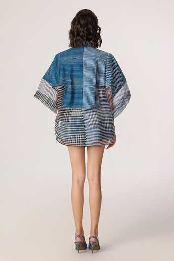 Shop_Saaksha & Kinni_Blue Denim, Silk Organza Collared Bellamy Print Shirt _at_Aza_Fashions