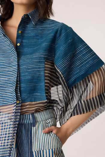 Shop_Saaksha & Kinni_Blue Denim, Silk Organza Collared Bellamy Print Shirt _Online_at_Aza_Fashions