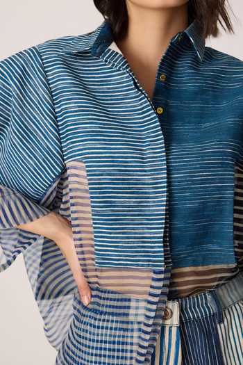 Saaksha & Kinni_Blue Denim, Silk Organza Collared Bellamy Print Shirt _at_Aza_Fashions