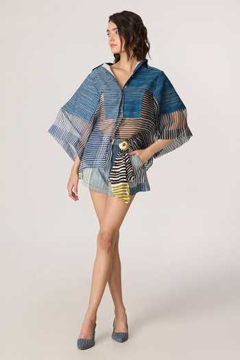 Buy_Saaksha & Kinni_Blue Denim, Silk Organza Collared Bellamy Print Shirt 