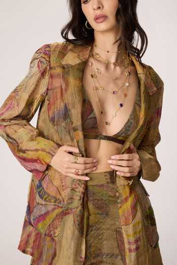 Saaksha & Kinni_Gold Silk, Cotton, Tissue Plunge Neck Arleth Print Bralette _Online_at_Aza_Fashions