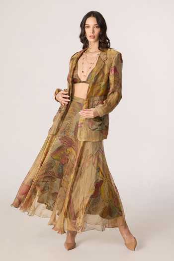Buy_Saaksha & Kinni_Gold Silk, Cotton, Tissue Plunge Neck Arleth Print Bralette _at_Aza_Fashions