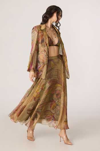 Saaksha & Kinni_Gold Silk, Cotton, Tissue Plunge Neck Arleth Print Bralette _at_Aza_Fashions