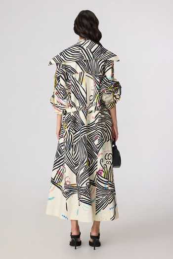 Shop_Saaksha & Kinni_Multi Color Crepe Tassels Shawl Neck Helena Print Trench Coat _at_Aza_Fashions
