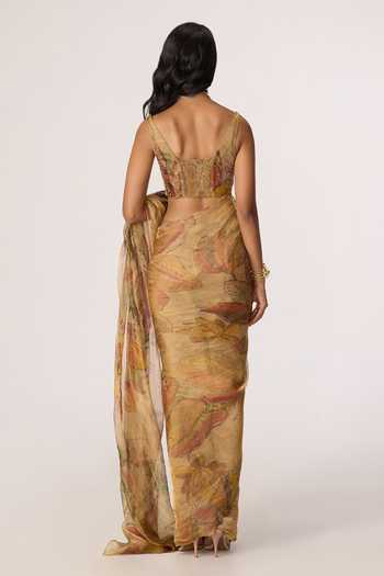 Shop_Saaksha & Kinni_Gold Silk, Tissue Agatha Printed Pre-draped Saree _at_Aza_Fashions