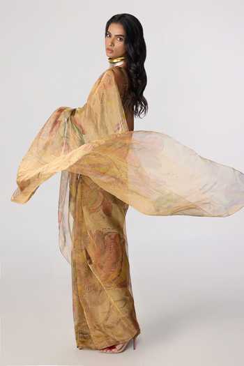 Saaksha & Kinni_Gold Silk, Tissue Agatha Printed Pre-draped Saree _Online_at_Aza_Fashions