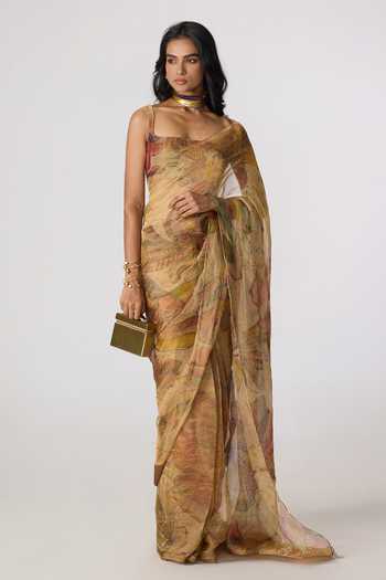 Buy_Saaksha & Kinni_Gold Silk, Tissue Agatha Printed Pre-draped Saree _Online_at_Aza_Fashions