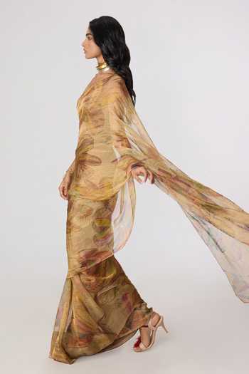 Shop_Saaksha & Kinni_Gold Silk, Tissue Agatha Printed Pre-draped Saree _Online_at_Aza_Fashions
