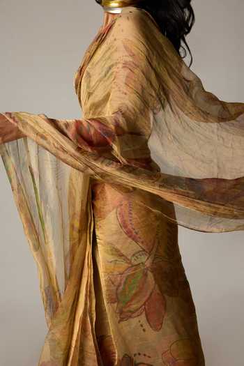 Saaksha & Kinni_Gold Silk, Tissue Agatha Printed Pre-draped Saree _at_Aza_Fashions