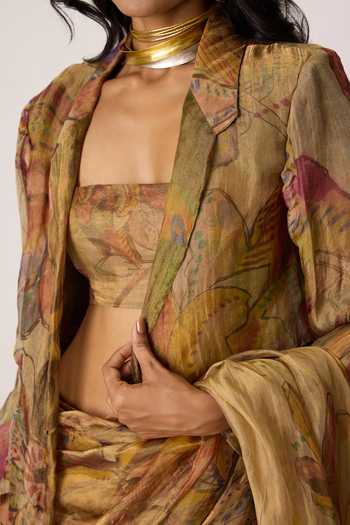 Saaksha & Kinni_Gold Silk, Tissue Square Neck Malaika Blouse _Online_at_Aza_Fashions