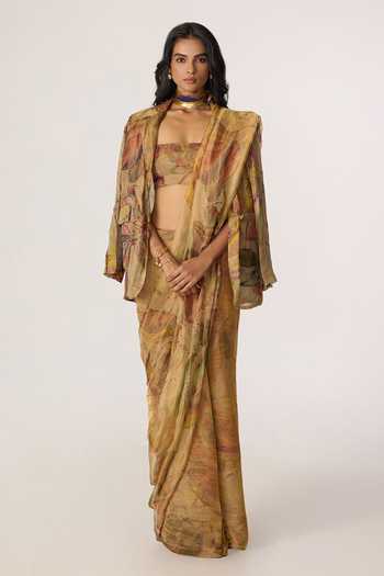 Buy_Saaksha & Kinni_Gold Silk, Tissue Square Neck Malaika Blouse _Online_at_Aza_Fashions