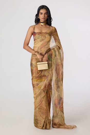 Shop_Saaksha & Kinni_Gold Silk, Tissue Square Neck Malaika Blouse _Online_at_Aza_Fashions