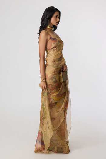 Saaksha & Kinni_Gold Silk, Tissue Square Neck Malaika Blouse _at_Aza_Fashions