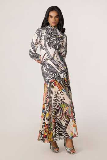 Saaksha & Kinni_Multi Color Chiffon, Lycra High Neck Maeva Printed Dress _Online_at_Aza_Fashions