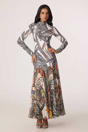Buy_Saaksha & Kinni_Multi Color Chiffon, Lycra High Neck Maeva Printed Dress _at_Aza_Fashions