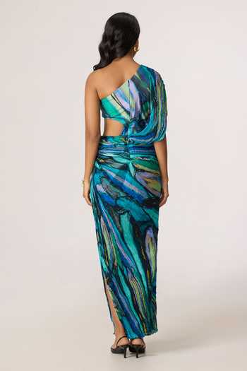 Shop_Saaksha & Kinni_Multi Color Silk, Cotton, Lycra Mirrors, Tassels One Linny Printed Dress _at_Aza_Fashions