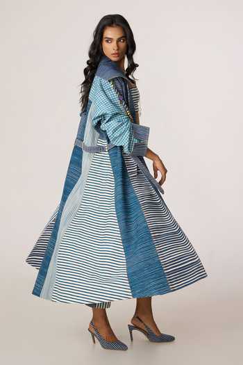 Saaksha & Kinni_Blue Denim Tassels Shawl Neck Selah Patchwork Trench Coat _at_Aza_Fashions