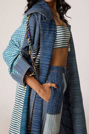 Buy_Saaksha & Kinni_Blue Denim Tassels Shawl Neck Selah Patchwork Trench Coat 