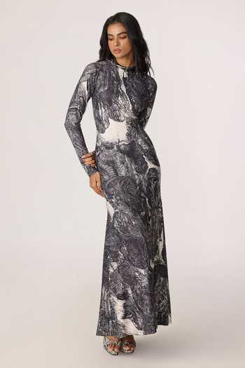 Buy_Saaksha & Kinni_Grey Jersey High Neck Lana Print Maxi Dress _Online_at_Aza_Fashions