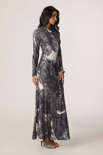 Shop_Saaksha & Kinni_Grey Jersey High Neck Lana Print Maxi Dress _Online_at_Aza_Fashions