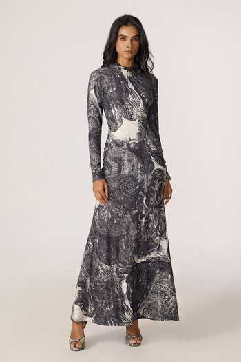 Saaksha & Kinni_Grey Jersey High Neck Lana Print Maxi Dress _at_Aza_Fashions