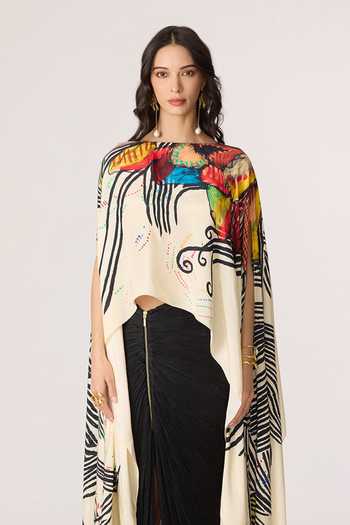 Buy_Saaksha & Kinni_Multi Color Boat Neck Genesis Print Asymmetric Cape Top _Online_at_Aza_Fashions