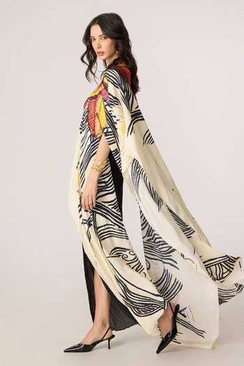 Buy_Saaksha & Kinni_Multi Color Boat Neck Genesis Print Asymmetric Cape Top 