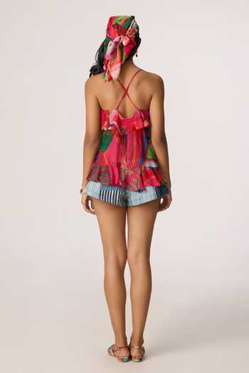 Shop_Saaksha & Kinni_Multi Color Organza, Chiffon Square Neck Genora Printed Blouse _at_Aza_Fashions